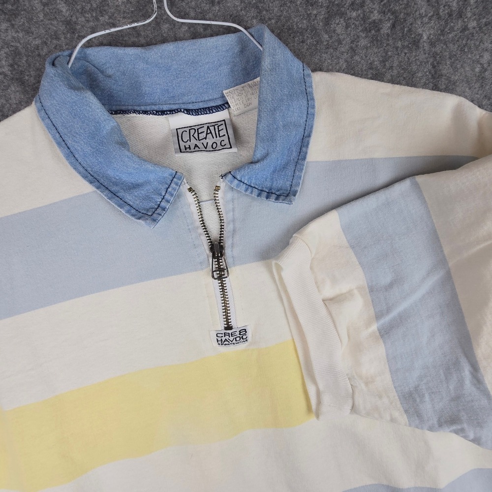 Vintage Create Havoc Striped Polo Shirt Mens LG XL 1/4 Zip Pastel 90s Cotton